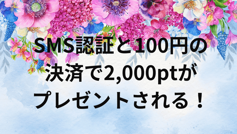 SMS認証と100円の決済で2,000ptがプレゼントされる！